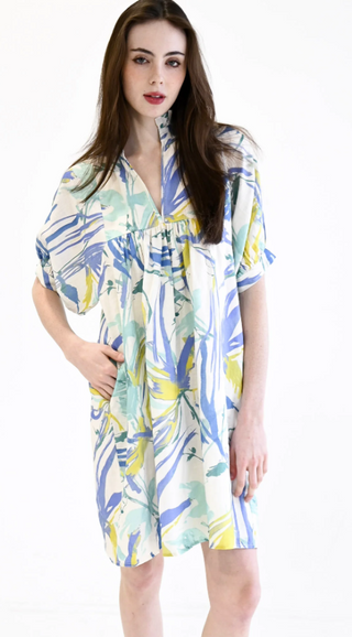High Neck Dress in Aquamarine Watercolor