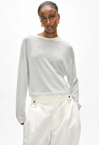 Superfine Cashmere Blend Striped Sweatshirt in White/Horizon Blue