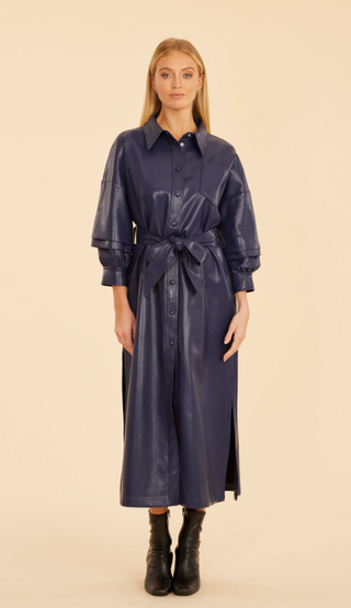 Vegan Leather Maxi Ruched Sleeve Dress in Navy