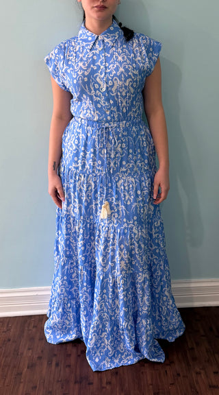 Cap Sleeve Tie Waist Maxi Dress in Blue