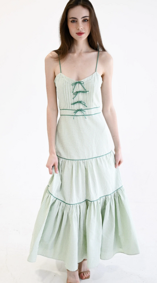 Lindsey Long Dress in Green Plaid