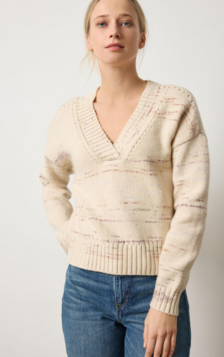 Oversized V-neck Sweater in Eggshell Combo