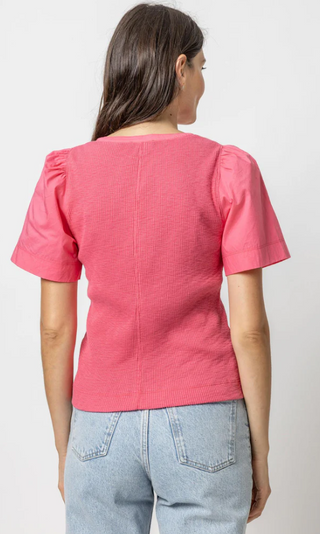 Woven Sleeve Split Neck Top in Rosebud