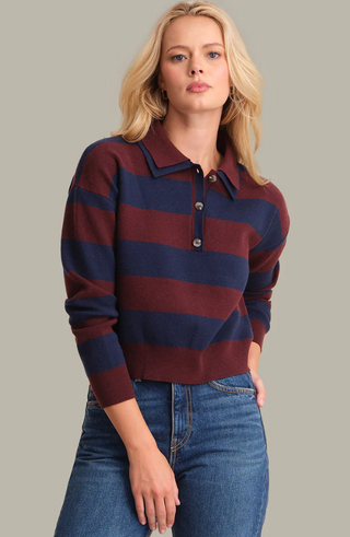 Lennon Double Collar Rugby Sweater Striped Pullover in Oxblood Multi