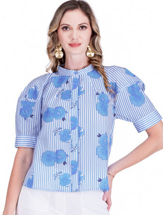 Lantern Sleeve Top in Bluebell Stripe