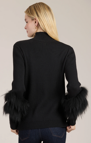 Cotton/Cashmere Rib Mock Sweater w Fur in Black