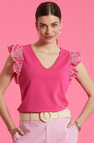 Erin Eyelet Flutter Sleeve Top in Caberet Pink