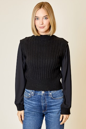 Mock Neck Mixed Material Sweater in Black