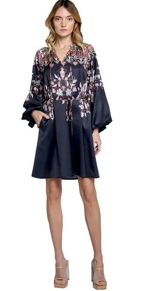Liana Printed Mini Dress in Black/Brown