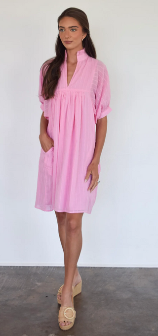 High Neck Dress in Begonia Stripe