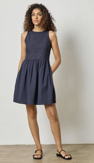 Eyelet High Neck Mini Dress in Navy