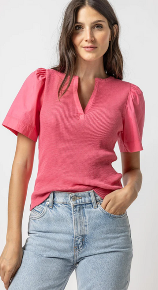 Woven Sleeve Split Neck Top in Rosebud