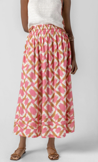 Shirred Elastic Waist Skirt in Punch Ikat Print
