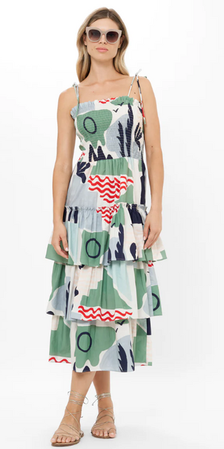Smocked Tie Strap Ruffle Midi Dress in Riviera Sage