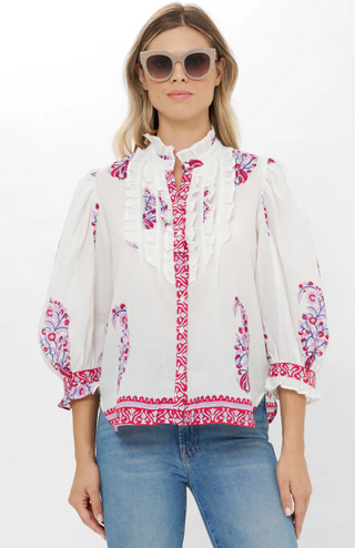 Ruffle Front Button Blouse in Verna Red