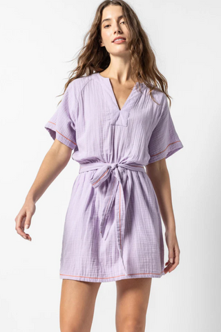 Belted Split Neck Dress in Lily