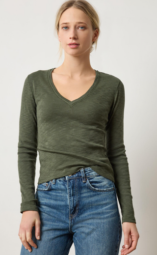 Rib Slub Long Sleeve V-neck Top in Lichen