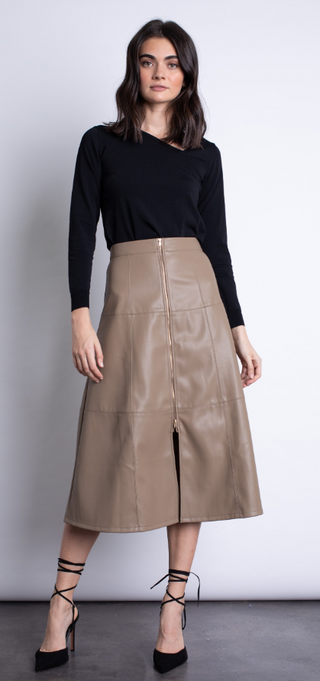 Victoria Vegan Leather Midi Skirt in Shiitake