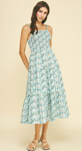Thin Strap Printed Midi Dress in Teal