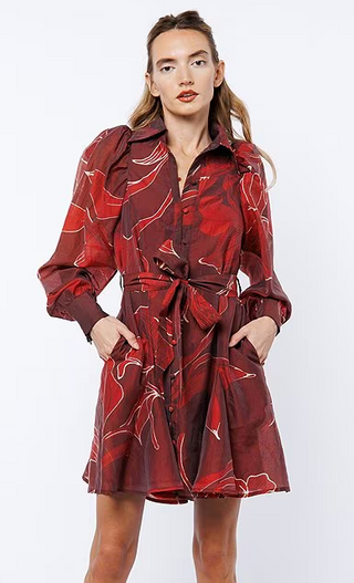 Silvie Floral Printed Mini Dress in Burgundy/Red