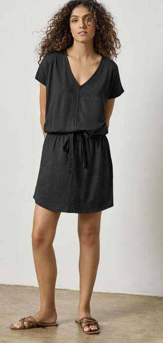 Elastic Waist V-Neck Dress in Black
