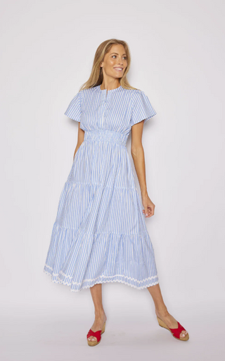 Cinched Waist Midi Dress in Blue Stripe