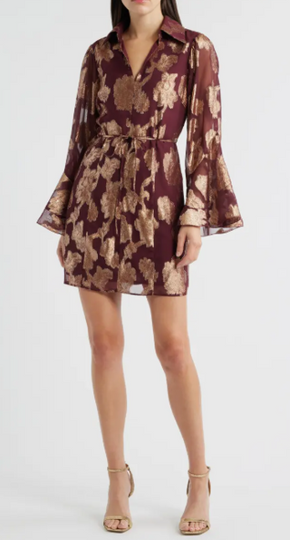 Estrada Cascade Bell Sleeve Mini Dress in Burgundy