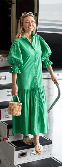 Brenda Pleated Sleeve Long Maxi in Kelly Green
