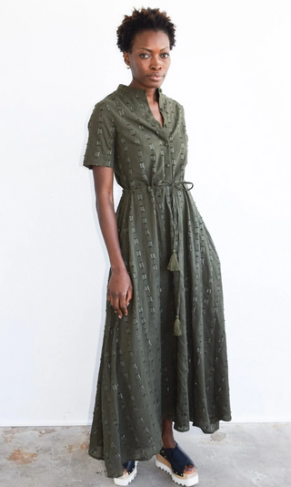 Kelli Short Sleeve Maxi Dress in Olive Geo